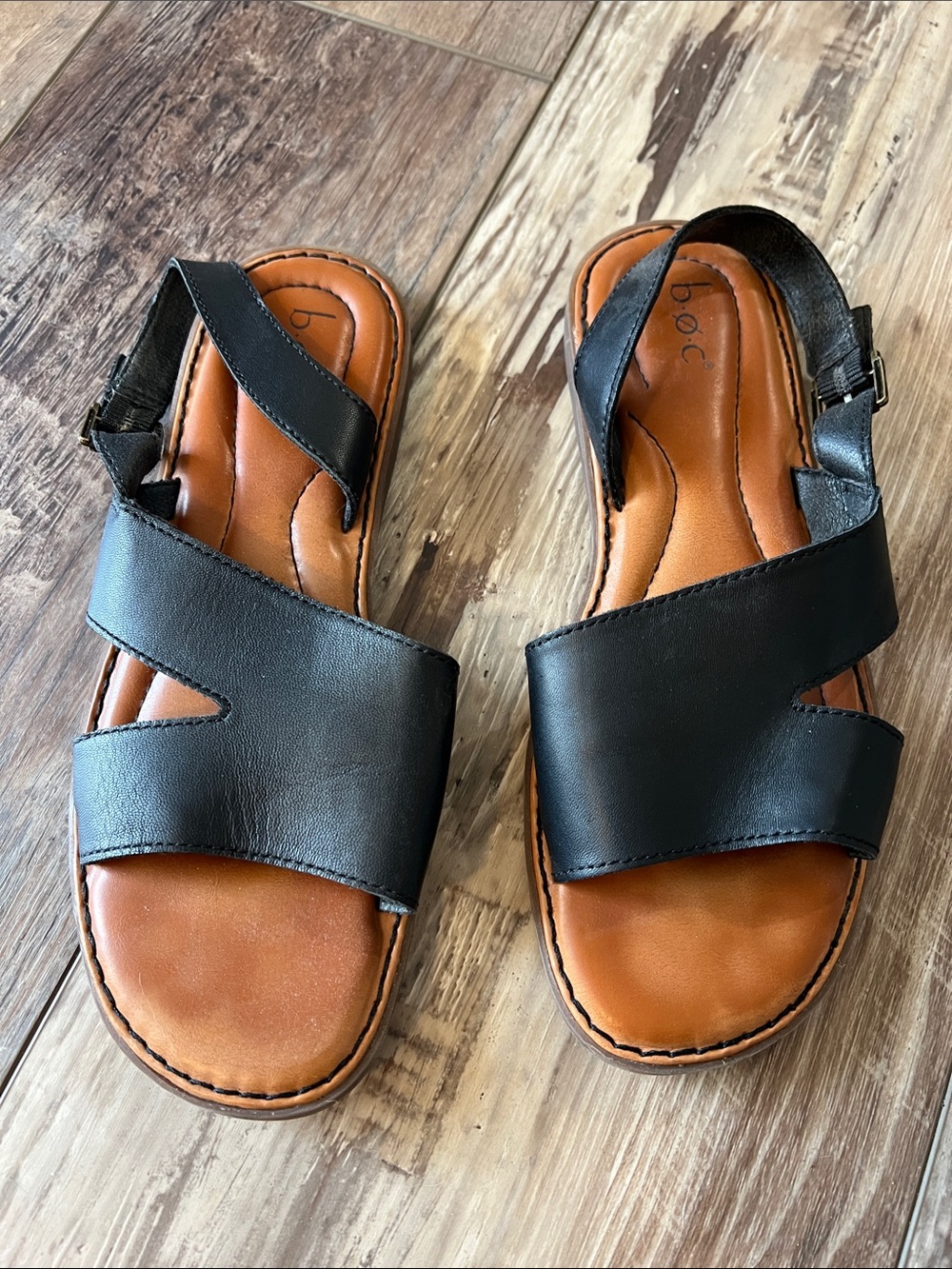 b.o.c. Black Leather Cross-Strap Slingback Sandals with Tan Footbed